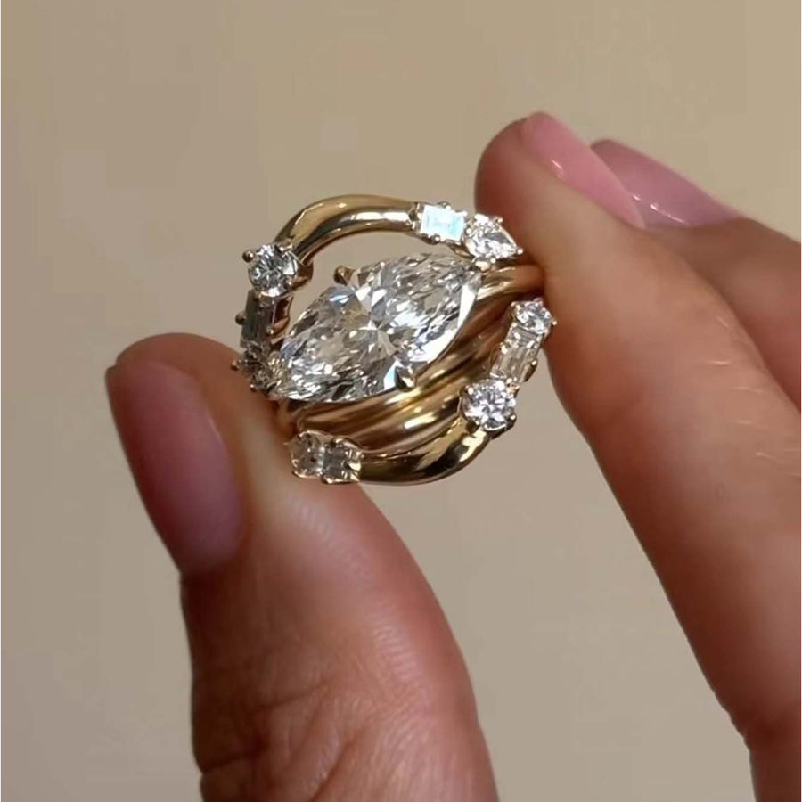 S925 Silver Gold Plated Marquise Moissanite 3-Piece Ring Set 5x10mm D Color VVS1 US Size 6-9 GRA Certified Gift Box