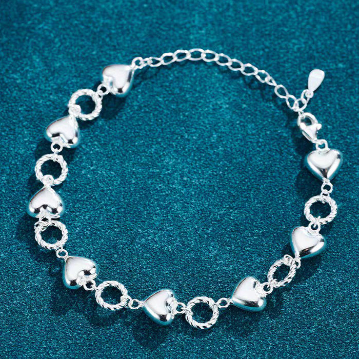 1pc 999 Sterling Silver Heart & Twisted Ring Link Bracelet, Sweet Minimalist Style, Perfect For Daily Wear & Valentine's Gifts