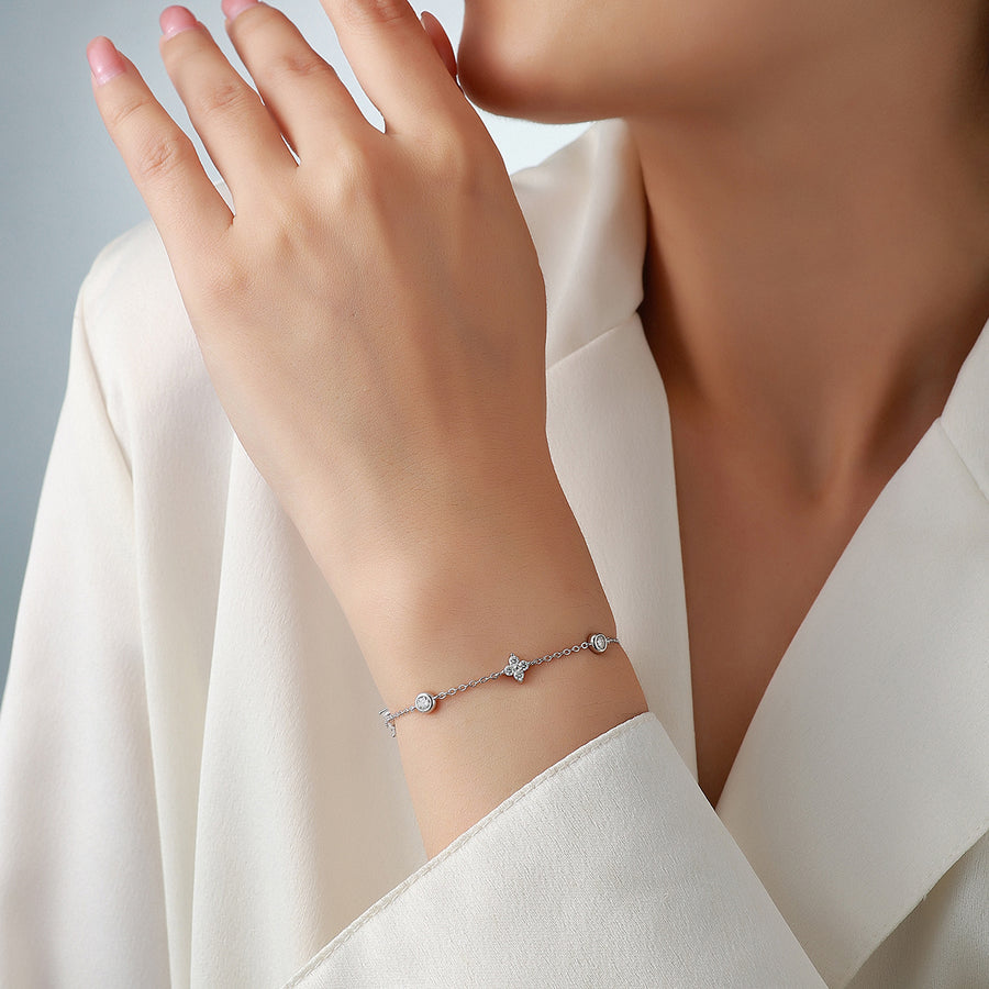 S925 Sterling Silver Moissanite Station Bracelet, D-VVS1 Adjustable Chain, Platinum Plated 2.5g Women's Jewelry Gift Box Set