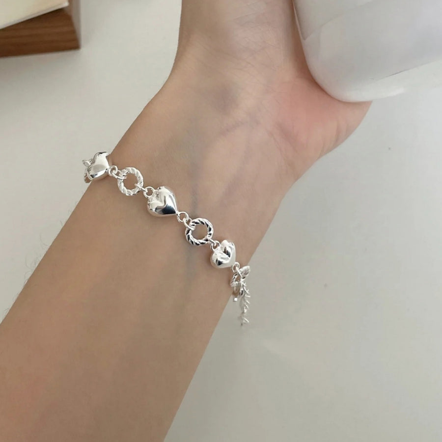 1pc 999 Sterling Silver Heart & Twisted Ring Link Bracelet, Sweet Minimalist Style, Perfect For Daily Wear & Valentine's Gifts