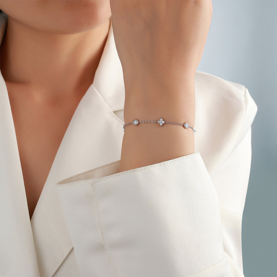 S925 Sterling Silver Moissanite Station Bracelet, D-VVS1 Adjustable Chain, Platinum Plated 2.5g Women's Jewelry Gift Box Set