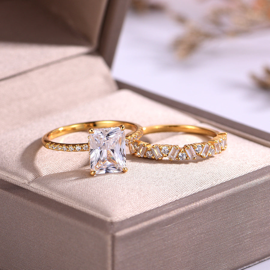 S925 Silver Gold Plated 3ct Emerald Cut Moissanite Bridal Ring Set 7x9mm D Color VVS1 US Size 6-9 GRA Certified Gift Box