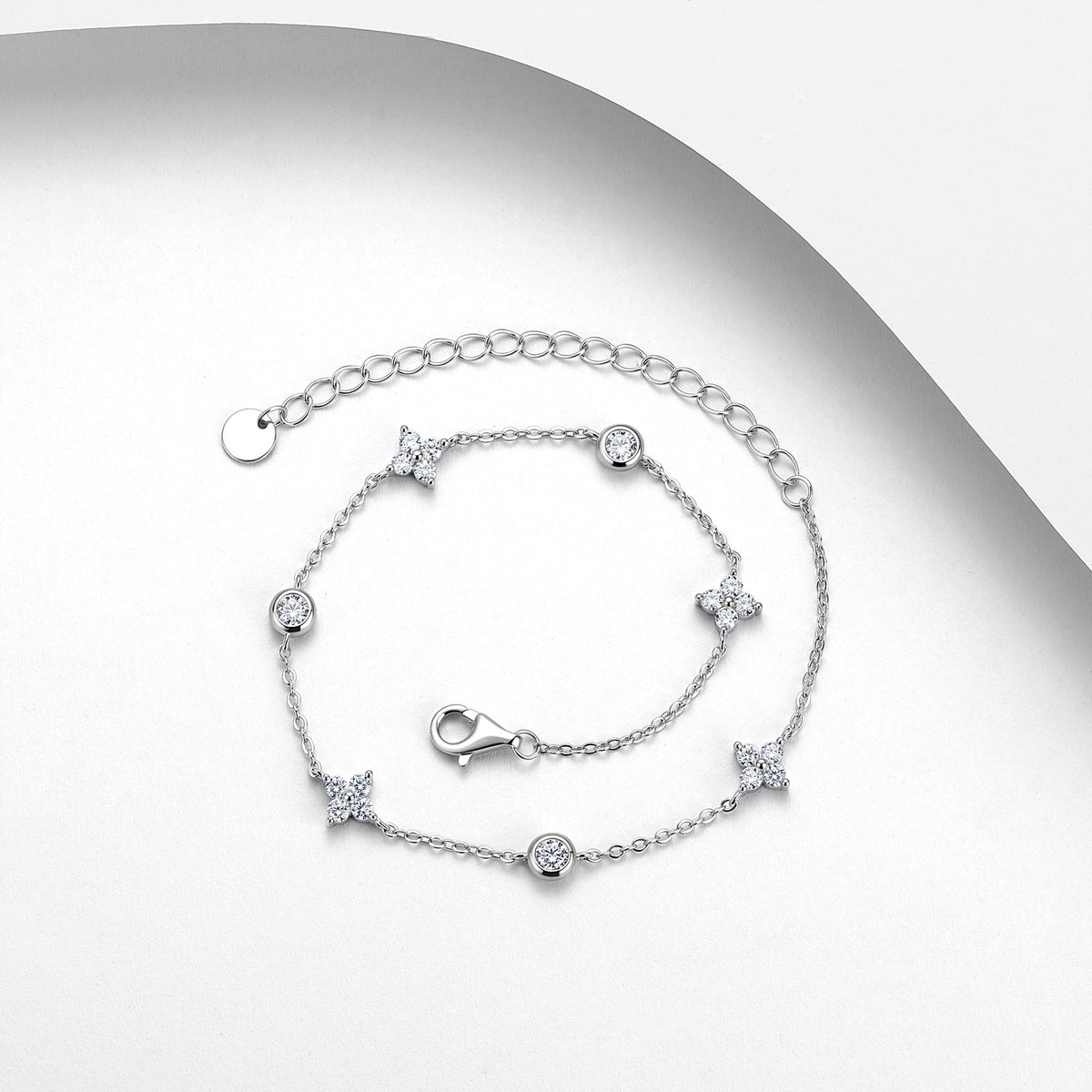 S925 Sterling Silver Moissanite Station Bracelet, D-VVS1 Adjustable Chain, Platinum Plated 2.5g Women's Jewelry Gift Box Set