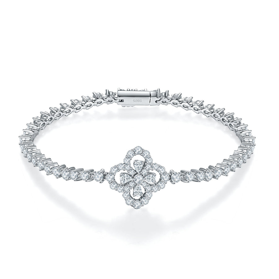 S925 Sterling Silver Clover Moissanite Tennis Bracelet 17.5cm Pave Design D Color VVS1 GRA Certified Platinum Plated Gift Box