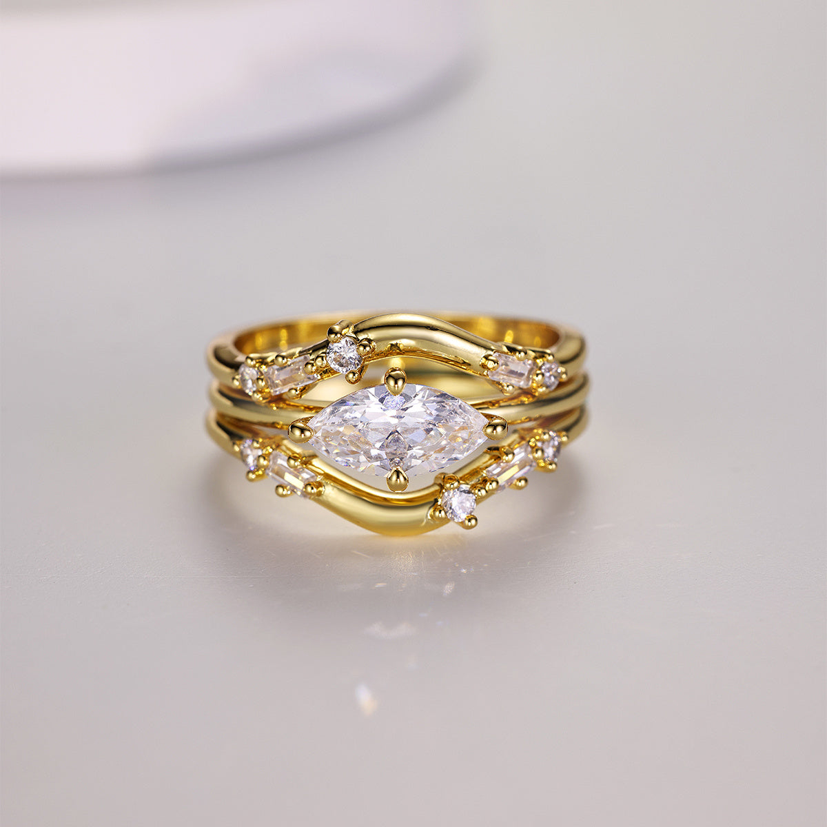 S925 Silver Gold Plated Marquise Moissanite 3-Piece Ring Set 5x10mm D Color VVS1 US Size 6-9 GRA Certified Gift Box