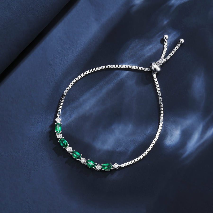 S925 Sterling Silver Oval Lab-Grown Emerald Bracelet 21cm Adjustable Slider Chain Platinum Plated Gift Box