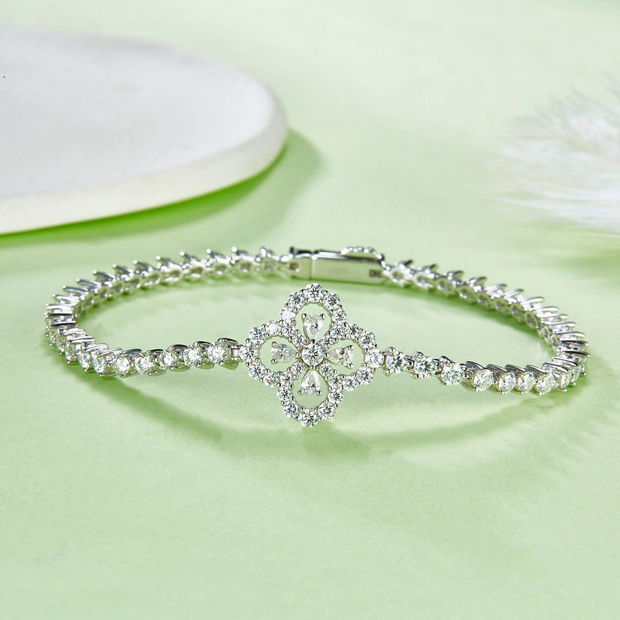 S925 Sterling Silver Clover Moissanite Tennis Bracelet 17.5cm Pave Design D Color VVS1 GRA Certified Platinum Plated Gift Box