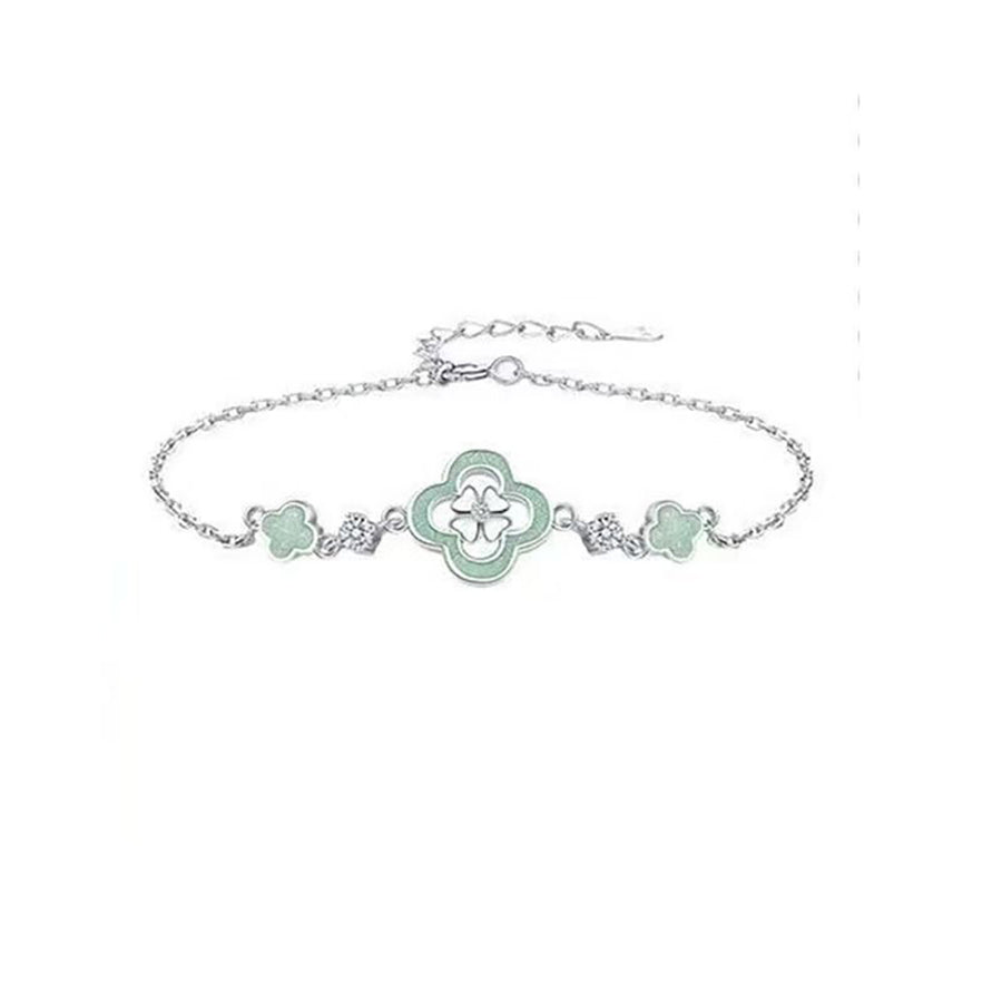 1pcs 999 Sterling Silver Green Clover Zircon Bracelet, Luxury Retro Style, For Everyday & Special Occasions