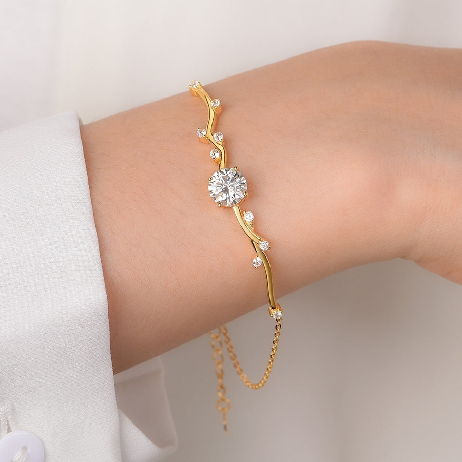 S925 Silver Gold Plated 5g Moissanite Branch Bracelet, 8.0mm 2CT D VVS1 Round Stone, GRA Certified 20cm Adjustable