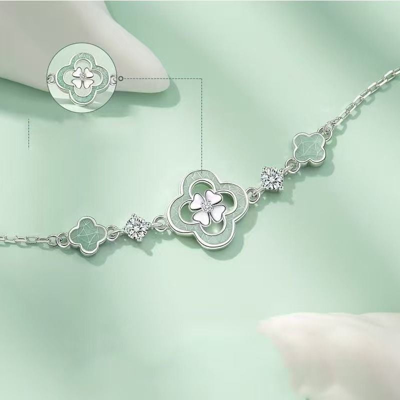 1pcs 999 Sterling Silver Green Clover Zircon Bracelet, Luxury Retro Style, For Everyday & Special Occasions
