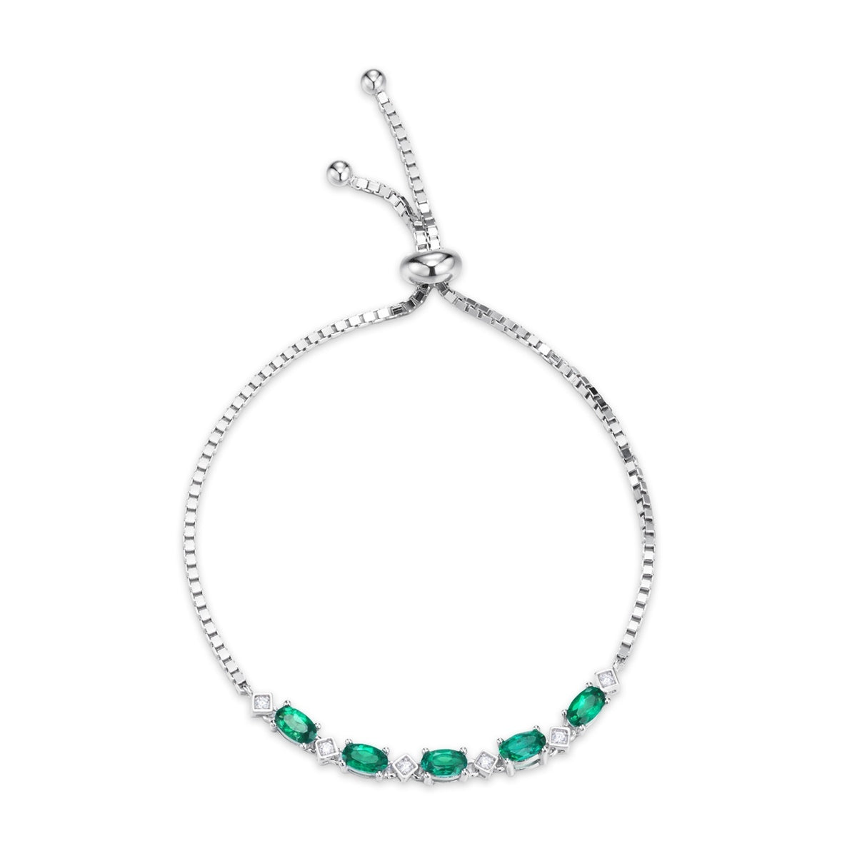 S925 Sterling Silver Oval Lab-Grown Emerald Bracelet 21cm Adjustable Slider Chain Platinum Plated Gift Box