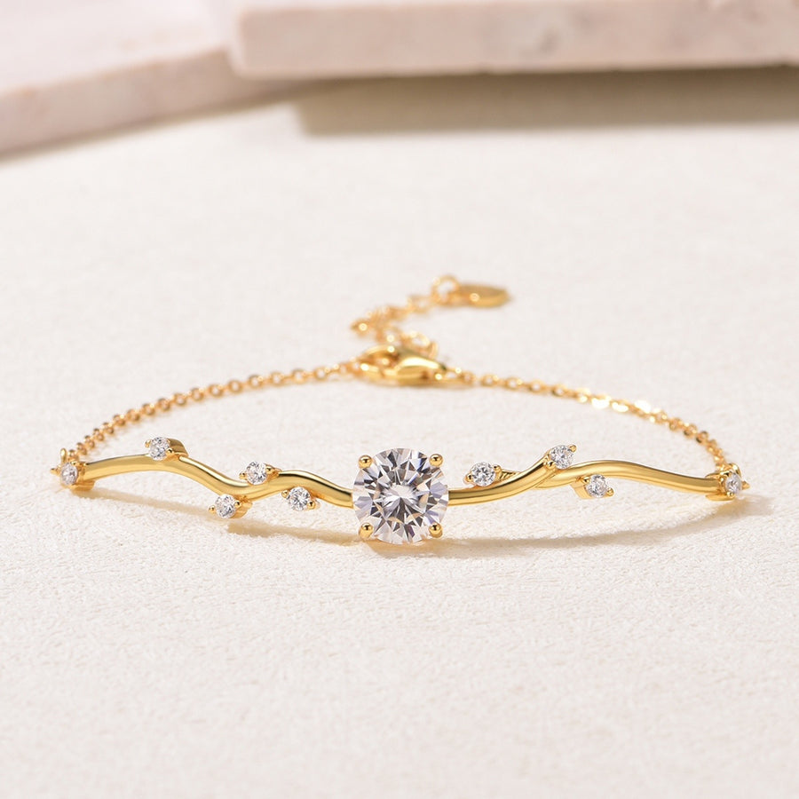 S925 Silver Gold Plated 5g Moissanite Branch Bracelet, 8.0mm 2CT D VVS1 Round Stone, GRA Certified 20cm Adjustable