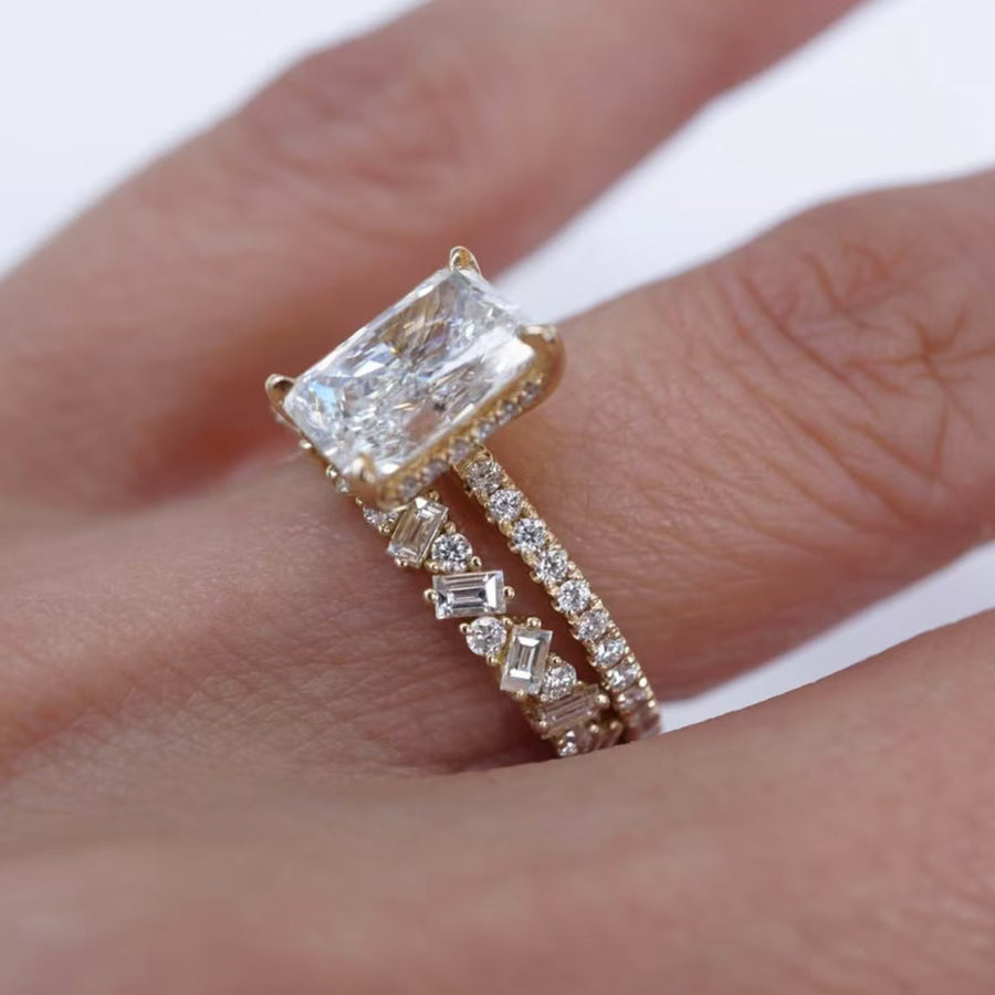 S925 Silver Gold Plated 3ct Emerald Cut Moissanite Bridal Ring Set 7x9mm D Color VVS1 US Size 6-9 GRA Certified Gift Box