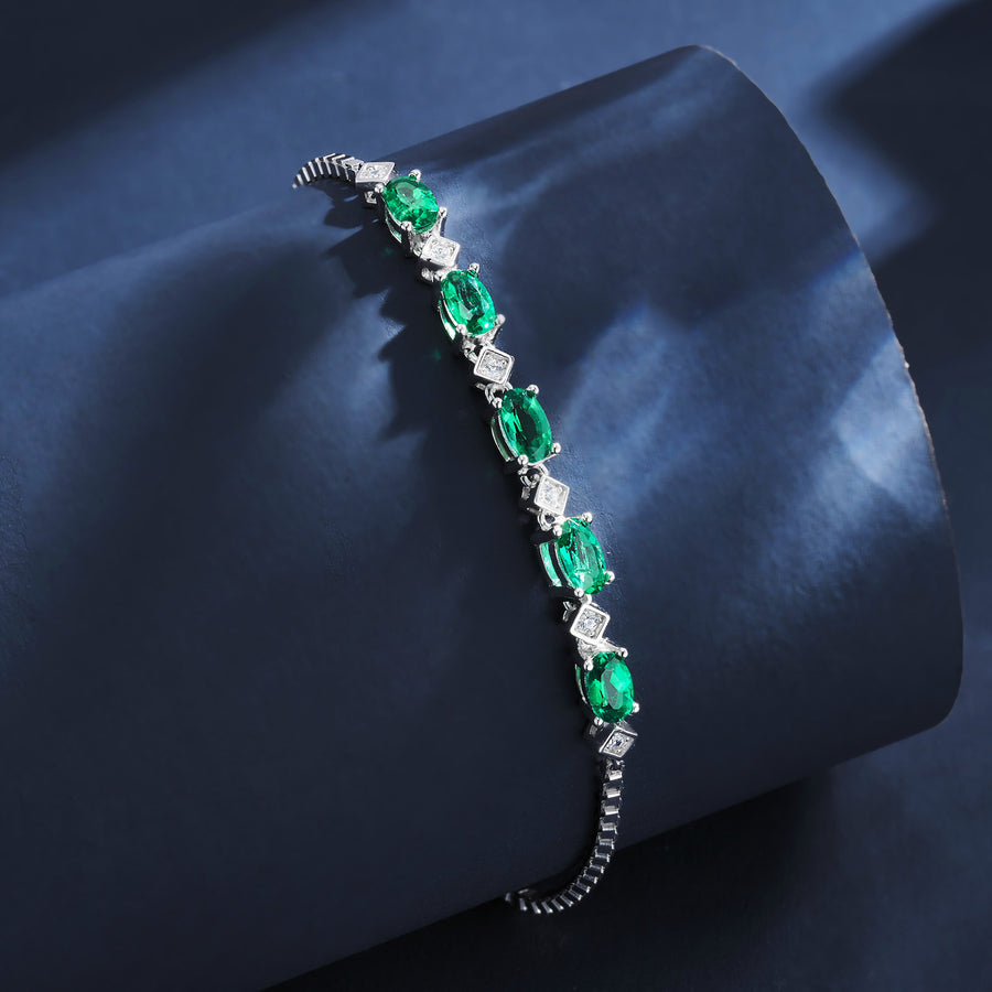 S925 Sterling Silver Oval Lab-Grown Emerald Bracelet 21cm Adjustable Slider Chain Platinum Plated Gift Box