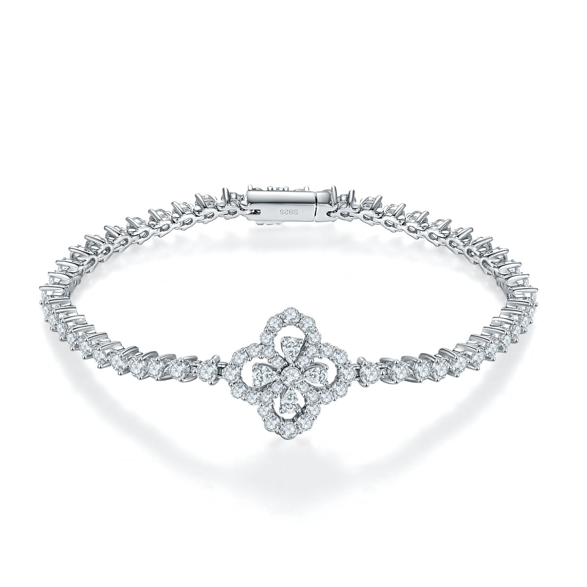 S925 Sterling Silver Clover Moissanite Tennis Bracelet 17.5cm Pave Design D Color VVS1 GRA Certified Platinum Plated Gift Box