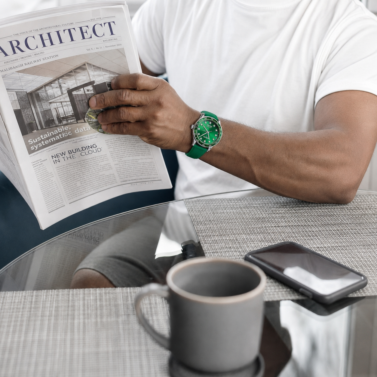 Man wearing Vinra Virelune Emerald green watch while reading